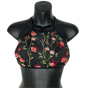 Xhilaration Black Floral High Neck Embroidered Bikini Top